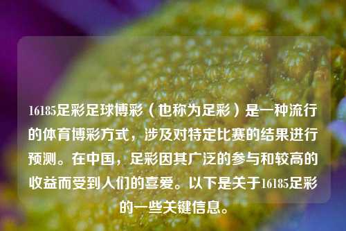 16185足彩足球博彩（也称为足彩）是一种流行的体育博彩方式，涉及对特定比赛的结果进行预测。在中国，足彩因其广泛的参与和较高的收益而受到人们的喜爱。以下是关于16185足彩的一些关键信息。